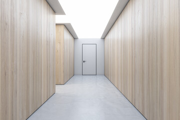 Contemporary hardwood hallway interior with mock up place on wall. Design and texture concept. 3D Rendering.