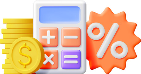 3D Calculator with Golden Coins, Percent Symbol