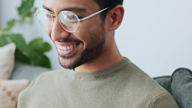 Asian man, digital tablet and software code for creative startup, programming business and social media app. Face, smile or happy designer with networking technology on house or home living room sofa