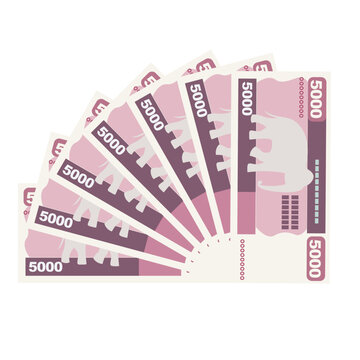 Myanmar Kyat Vector Illustration. Southeast Asian money set bundle banknotes. Paper money 5000 MMK. Flat style. Isolated on white background. Simple minimal design.