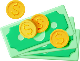 3D Dollar Banknote and Gold Coin