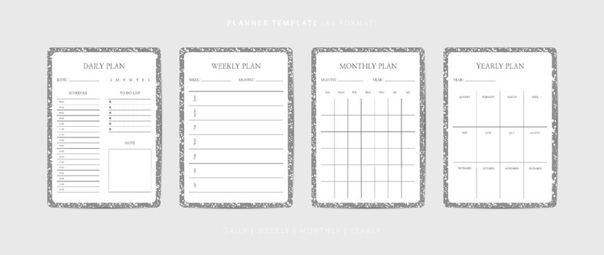 Set of daily, weekly, monthly, and yearly planner minimalist template with terrazzo pattern