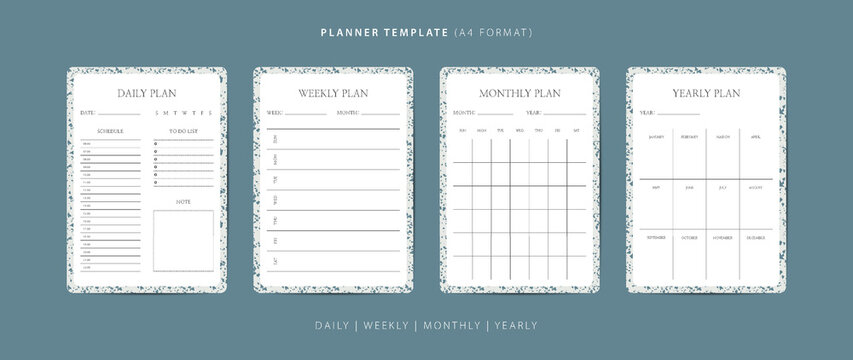 Set of daily, weekly, monthly, and yearly planner minimalist template with terrazzo pattern