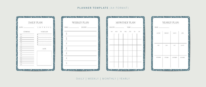 Set of daily, weekly, monthly, and yearly planner minimalist template with terrazzo pattern
