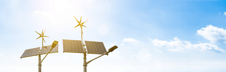 Naklejka na ściany i meble Alternative energy concept. Wind turbine with solar energy power panel, renewable photovoltaic technology. Renewable energy sources banner.