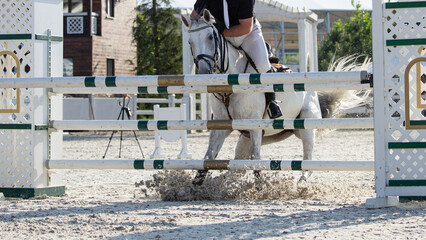The white horse refuses to jump over the obstacle. A rider in uniform at show jumping competitions....