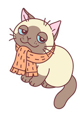 Cute cat in a scarf minimal vector illustration. Doodle cartoon cats series.