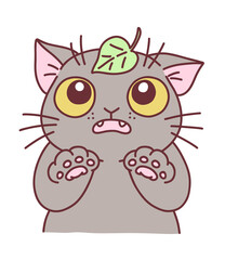 Surprised grey cartoon cat with leaf on head vector illustration. Doodle cartoon cats series.