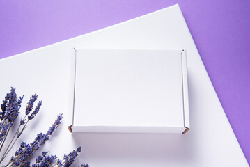 White cardboard box decorated with lavender flowers