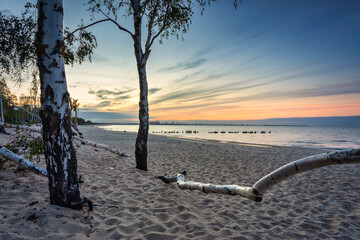 Sunset on the beach of the Baltic Sea in Gdansk, Poland