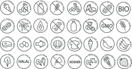 Dietary restrictions icon set with elements such as vegan, vegetarian, keto, gluten free, dairy free, sugar free etc. - obrazy, fototapety, plakaty