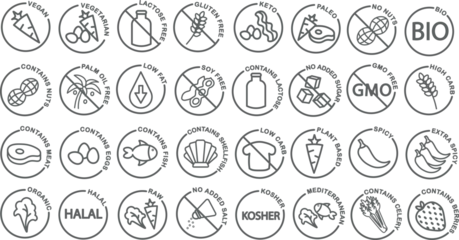 Fotobehang Dietary restrictions icon set with elements such as vegan, vegetarian, keto, gluten free, dairy free, sugar free etc. © Aleksandra