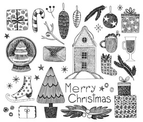 Collection of Christmas elements. A set of decorative Christmas elements: a Christmas tree, Christmas toys, gifts, skates, a winter house. Hand-drawn. Graphics. Engraving
