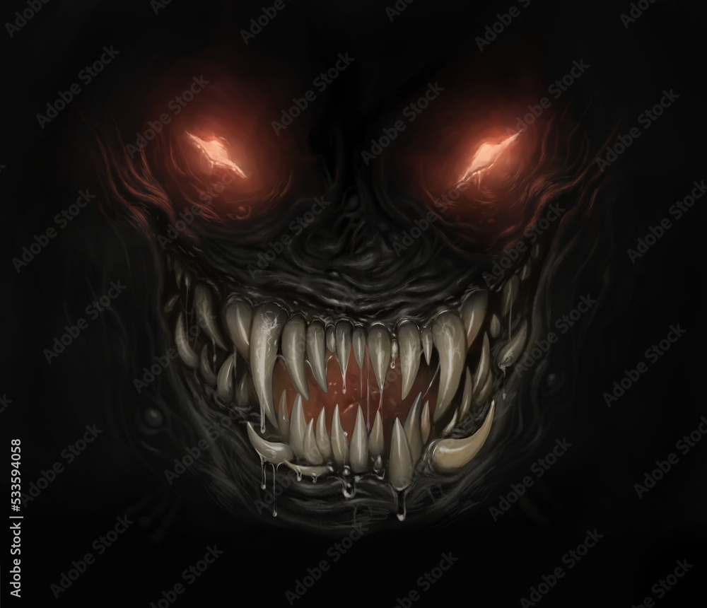 Wall mural Horror monster face in the darkness. Digital painting. 