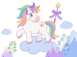 Cute rainbow unicorn standing on the cloud with magic wand in the sky. Design illustration.