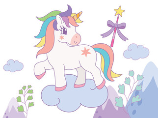 Cute rainbow unicorn standing on the cloud with magic wand in the sky. Vector design illustration.