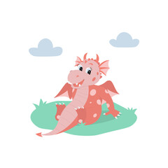 Red cartoon dragon sitting on grass. Cute character in flat style. Vector illustration on white background