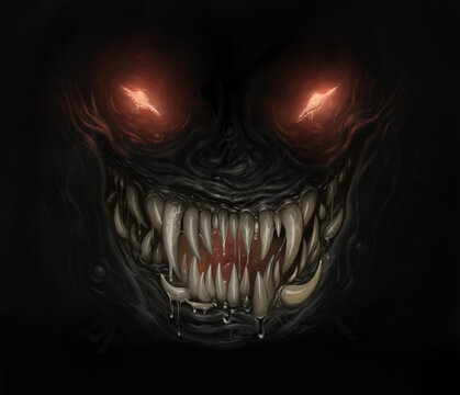 Horror monster face in the darkness. Digital painting. 