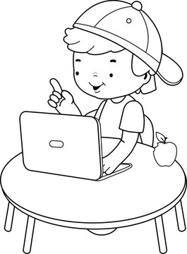 boy using laptop, pointing, black and white clip art preview