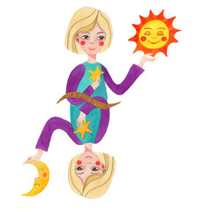 Gemini zodiac sign character in cartoon style. Hand drawn water color image, part of zodiac collection sign. For fabric print, sticker, tattoo, card