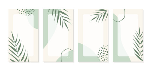 Instagram stories templates with organic shapes, palm leaves and copy space for text. Green neutral abstract hand drawn minimal backgrounds