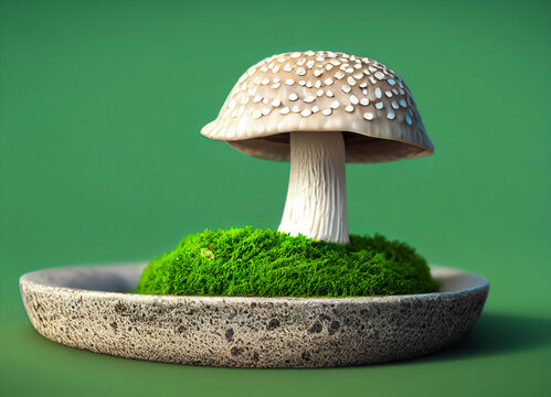 Beautiful mushroom on green moss in a rustic plate, plain green background, minimalist style design, 3D illustration