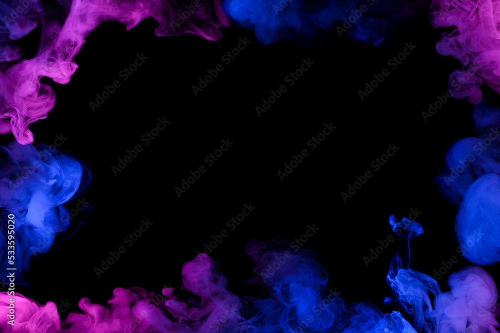Wall mural flowing clouds of neon smoke frame with copy-space in center dark abstract background