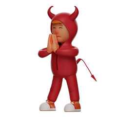  3D illustration. 3D Red Devil cartoon holding hands. with closed eyes. showing a sad expression. 3D Cartoon Character