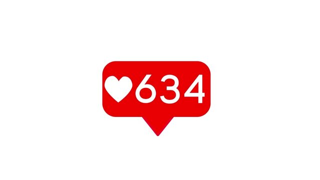 Likes counter quickly increase animation with user interface. Social media counter with growing numbers and heart shape. Red likes icon animated with alpha channel on white background.
