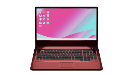 開いたラップトップ　赤　正面　3DCG