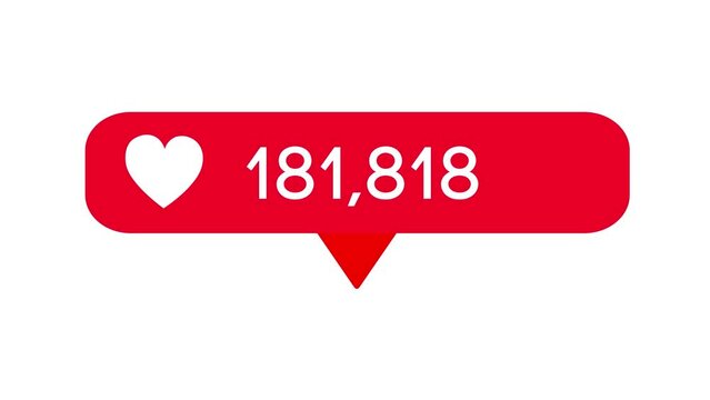 Likes counter going to one million. Red likes icon animated with alpha channel on white background. Social network counters with counting numbers to 1000000. Social media user interface quick increase