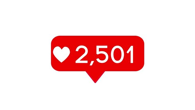Likes counter quickly increase animation with user interface. Social media counter with growing numbers and heart shape. Red likes icon animated with alpha channel on white background.