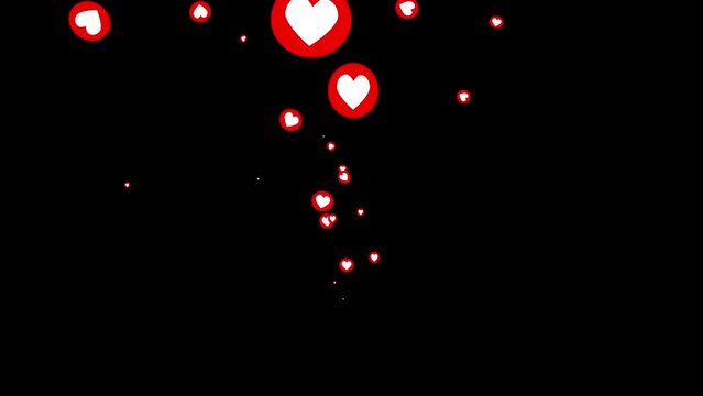 Like button, heart, love, animated react emotion icon isolated on black background. Red round icon with white heart flying up. Social media icon symbol animation. Sign ok, recommendation, approve.