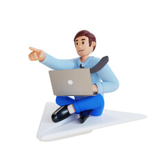 businessman with laptop flying on a huge paper airplane while pointing forward with hand 3d character illustration
