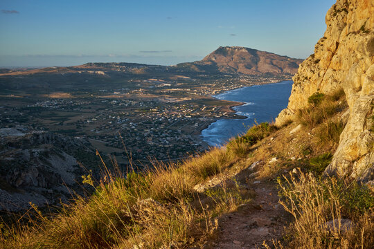 cornino bay seen from above with the valderice and mount erice near to Trapani in the early morning