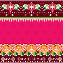 Pakistani or Indian truck art vector seamless pattern with flowers and geometric shapes, jingle truck ornamental design 
 