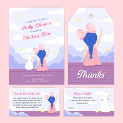 Baby girl shower invitation set with cute girl and white bunny