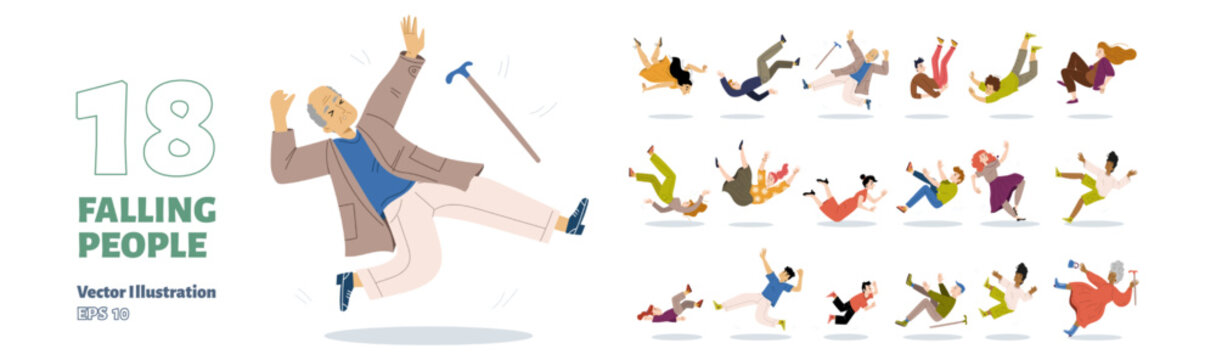 Falling people set, senior and young characters fall down in ridiculous postures due to wet floor, clumsiness, danger accident, men and women slip or stumble. Linear cartoon flat vector illustration
