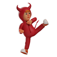 3D illustration. 3D Red Devil character showing kicking pose. with an angry expression. with both arms bent. 3D Cartoon Character