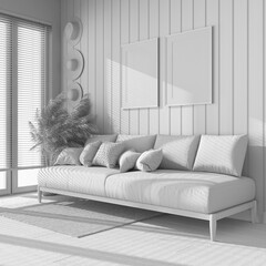 Total white project draft, living room with frame mockup. Fabric sofa with pillows, window with venetian blinds. Farmhouse interior design