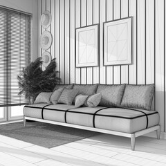Blueprint unfinished project draft, living room with frame mockup. Fabric sofa with pillows, window with venetian blinds. Farmhouse interior design
