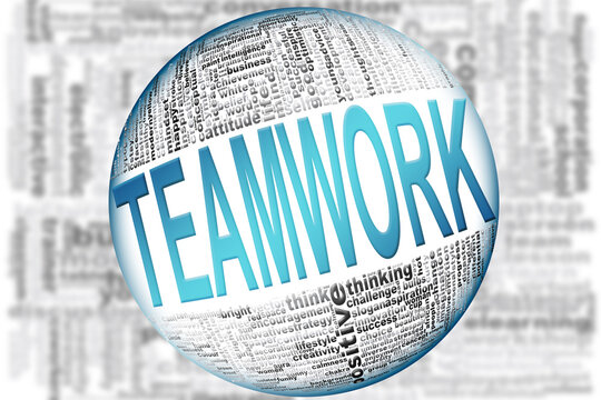 Teamwork word on sphere word cloud