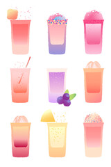 Bright set of drinks shooter glass. Vector image with texture and gradient set of alcoholic drinks. Glass of tequila, vodka, cocktail, shot drink. Vector illustration on white background