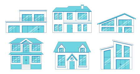 Set of vector white-blue houses in line art style