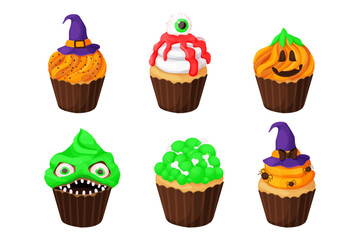 Set Cupcake Halloween monster dessert with scary face, teeth, eyes witch hat and pumpkin in cartoon style isolated on white background.