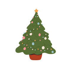 Decorated Christmas tree with festive ornament, decoration. Traditional live Xmas fir with star, balls, baubles and light garland, growing in pot. Flat vector illustration isolated on white background