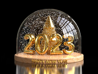2023 Happy new year concept. Christmas tree and golden numer 2023 inside the snow globe. 3d render illustration