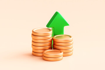 Money gold coin 3d finance price arrow concept profit isolated on business currency financial background with growth investment banking economy cash or success market graph chart exchange dollar icon.