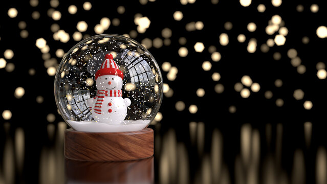 Merry Christmas concept. Snow globe on a black background. Christmas lights. 3d render illustration