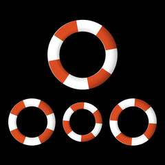 Red and white sea lifebuoy ring set on a black background. Support and rescue help. Bailout